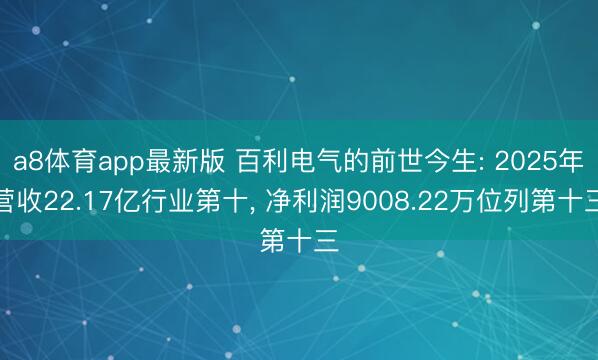 a8体育app最新版 百利电气的前世今生: 2025年营收22.17亿行业第十， 净利润9008.22万位列第十三